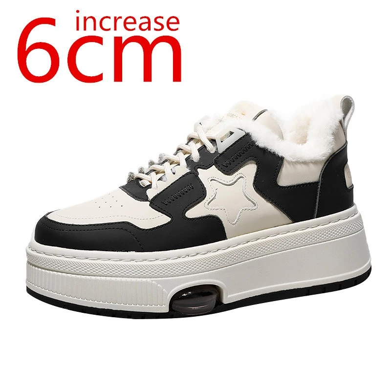 

Heighten 6cm Small White Shoes for Women Ins Autumn/Winter Style Thick Soled Plush Thick Muffin Shoes Leather Trend Casual Shoes