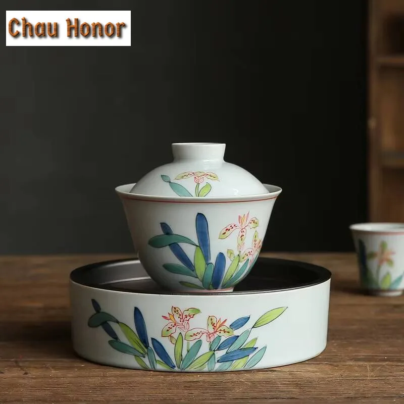 Underglaze Color Hand-painted Iris Flower Pot Handmade Saucer Round Ceramic Tea Tray Water Storage Kung Fu Tea Set Accessories