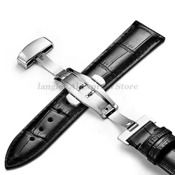 Premium Genuine Leather Watch Strap with Butterfly Buckle, Multiple Width Options - 22mm (Black Silver)
