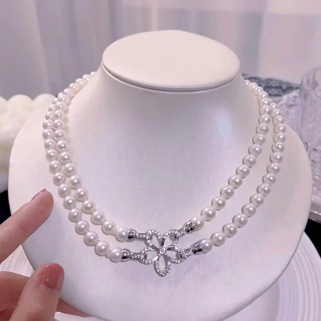 

41+44CM Double-layer Leafless Collarbone Sweater Chain Freshwater Pearl Necklace Women Noble Pearl Jewelry Natural 7-8MM 1pcs