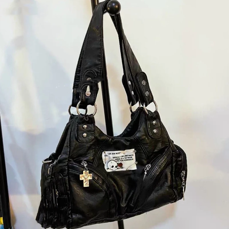 

Pu Leather Underarm Bag High-capacity Y2k Aesthetic Punk Shoulder Bags Cross Zipper Underarm Bag Korean Women's Streetwear Bag