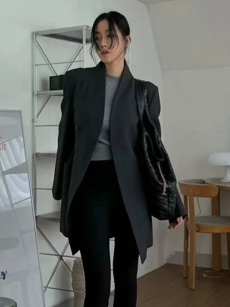 EOEN Autumn Vintage Senior Sense V-neck Big Pocket Design Waist Slimming Mid-length Suit Jacket Women 2024 New Fashion 5