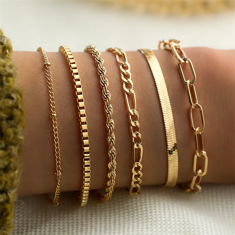 

Classic Snake Chain Bracelets Set for Women Trend Gold Plated Stainless Steel Cuban Chain Bracelet Trendy Woman Gifts Jewelry