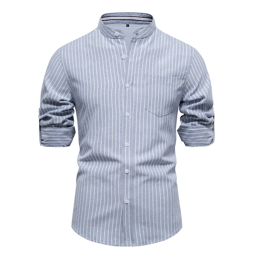 

Spring Summer Men's Slim Fit Stand Collar Shirt Cotton Hemp Casual Fashion Business Stripe Long Sleeve Social Shirts Men Top
