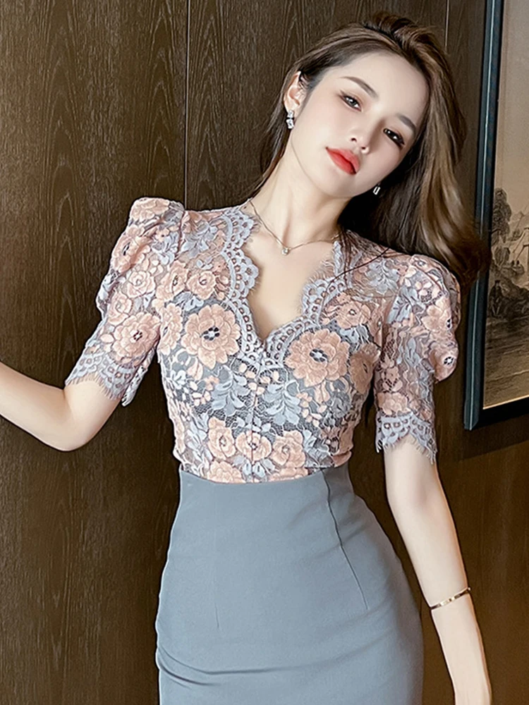 2023 French Fashion Elegant Blouse Female Hook Floral See Through Women  Tops Outfits Sheer Lace Sexy T-Shirts Tees Party Clothes
