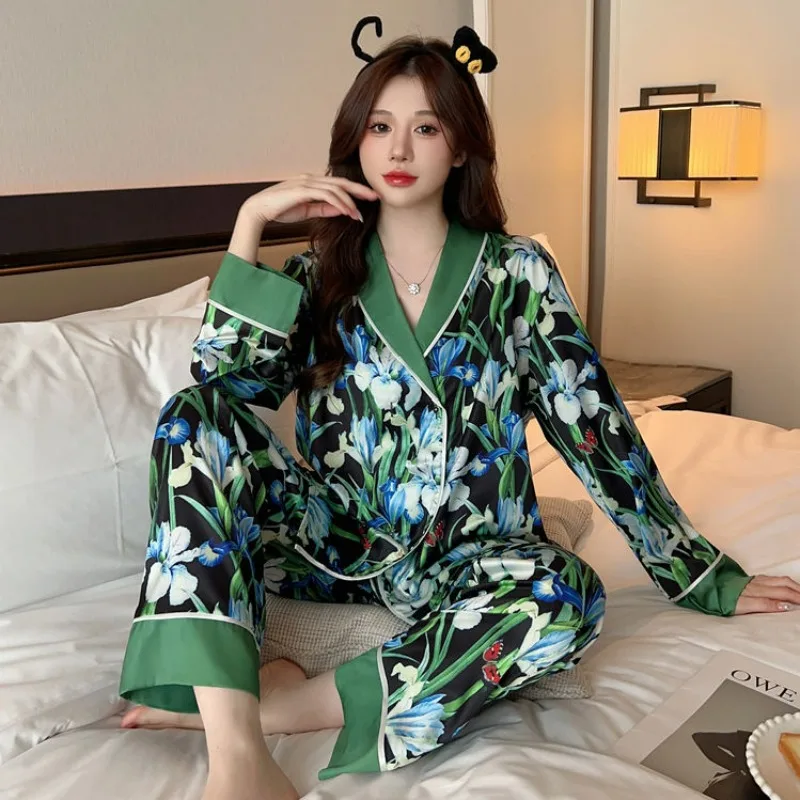 Women Pajamas Autumn Winter High-End Artificial Silk V-neck Casual Cardigan Homewear Suit Female Loose Long-Sleeved Nightclothes luoyiyang v neck long sleeved mesh pure color casual women