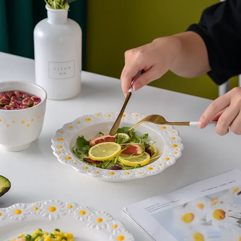 Daisy Dinner Set Ceramic Tableware Salad Soup Bowl Rice Dessert Dish Coffee Plate Cup Saucer Dinner Mug Set Dinnerware