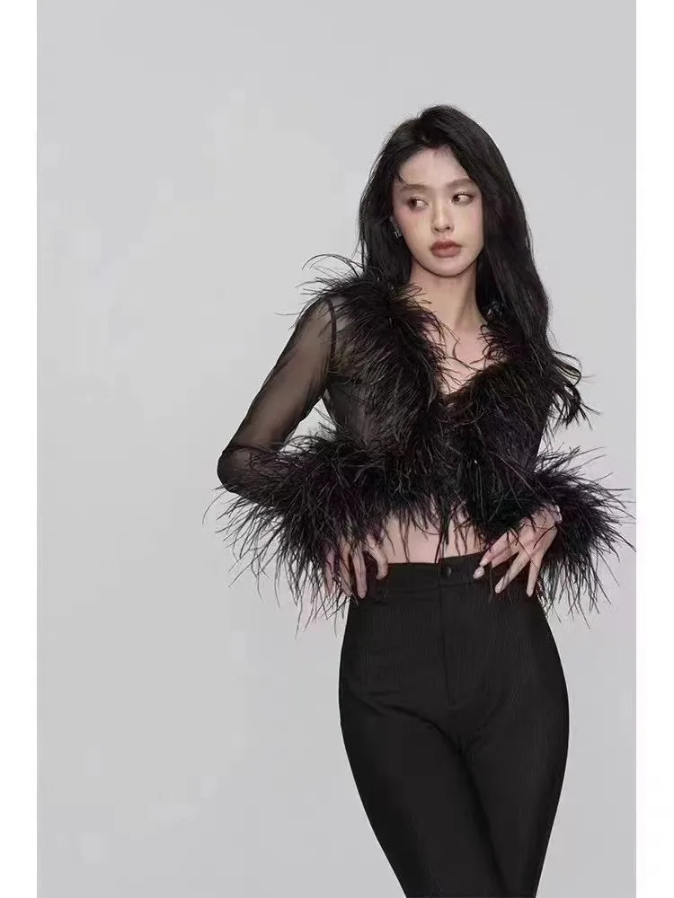 

2022 new sexy design Joker ostrich hair perspective yarn cardigan