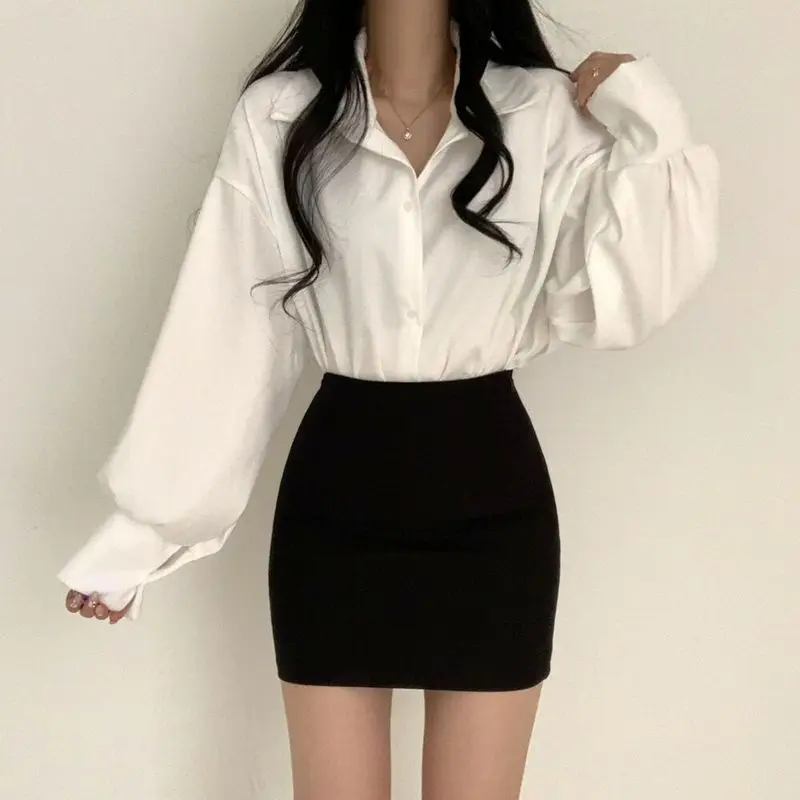  New models Minimalist Shirts Lantern Sleeve Women Office Lady Рубашки Tops Pure Color Elegant Casual Korean Fashion Clothing