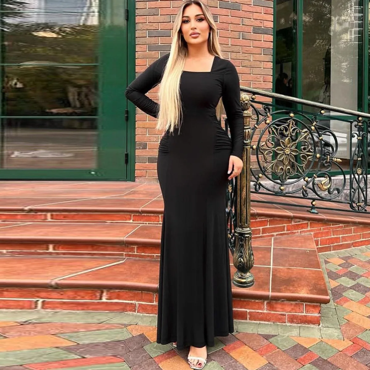 Autumn Fashion Black Maxi Dress Women's Square Collar High Waist Slim Elegant Party Dress Gown Female Solid Long Dress New