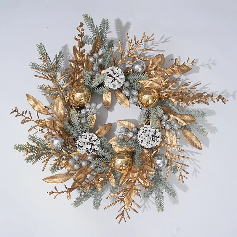 Christmas Wreath Pine Cones Snow Frost Pine Needles Golden Branches and Leaves Electroplated Ball Rattan Circle Door Hanging