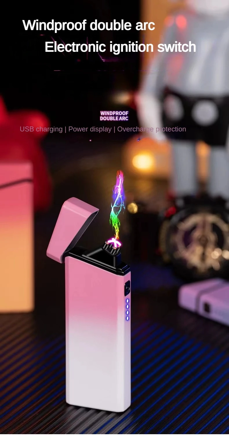 Description Picture 2 of itemMini Portable USB Rechargeable Double Arc Lighter Windproof Flameless Trendy Gradient Color Arc Cigarette Lighter