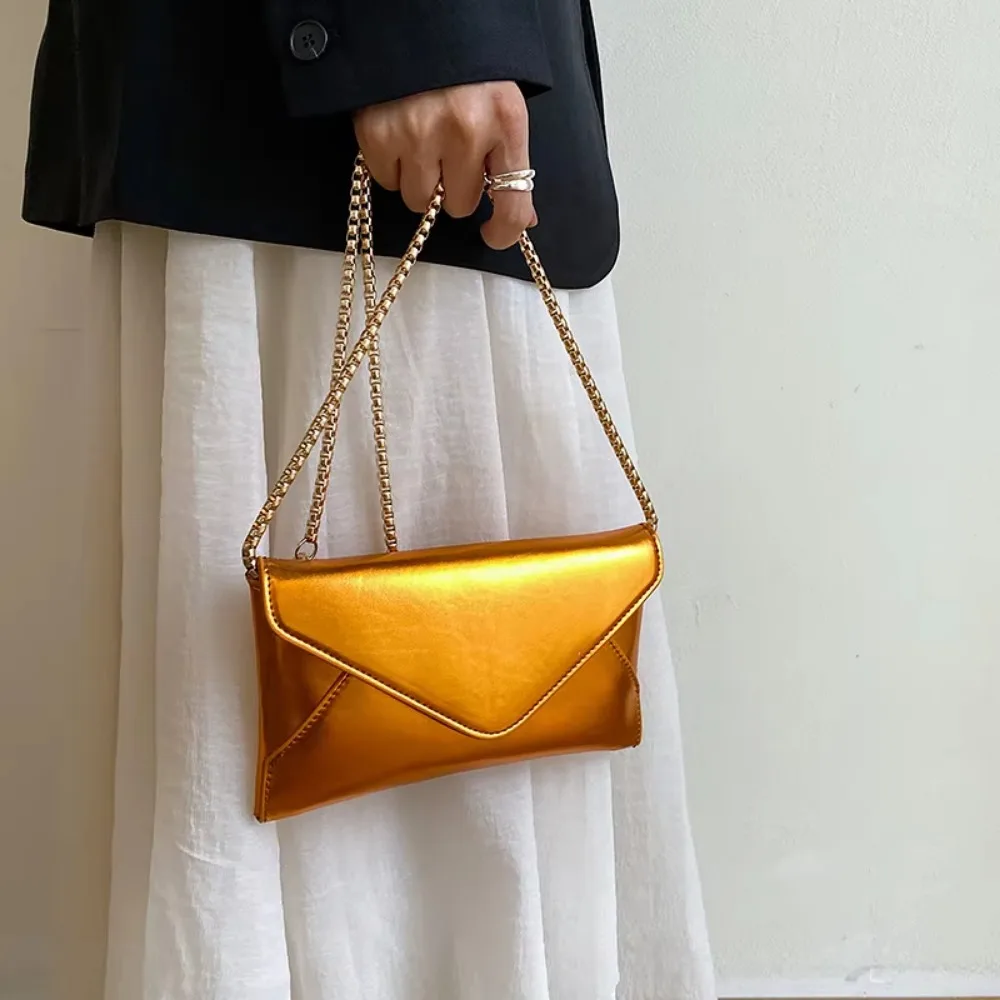 New Women's Evening Shoulder Bag Leather Clutch Purse Wedding Party Prom Wedding Envelope Handbag Silver Crossbody with Chain