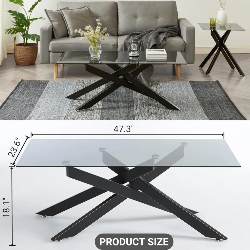 Rectangle Modern Coffee Table, Tempered Glass Top and Metal Tubular Leg, 47.3”Lx23.6”Wx18.1”H,  glass coffee table 5