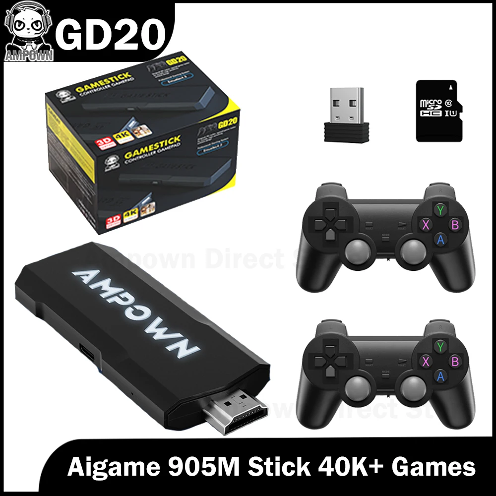 Ampown-GD20 4K Game Stick Video Console, 2.4G Controlador Sem Fio, CPU, Aigame 905M, Emuelec4.3, Suporte Retro, 40K + Jogos, GD 20