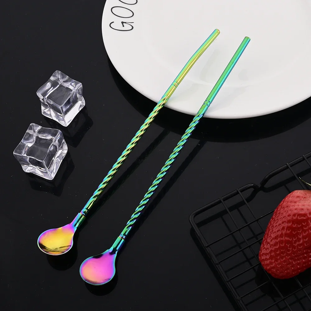 10Pcs Reusable Straw Spoon Stainless Steel Metal Colorful Straw Cocktail Drinking Spoon Milk Bar Coffee Stirring Accessory Drinking Straws Metal Straw Set Cocktail Accessories Straw Accessories Straw Cleaner Brush