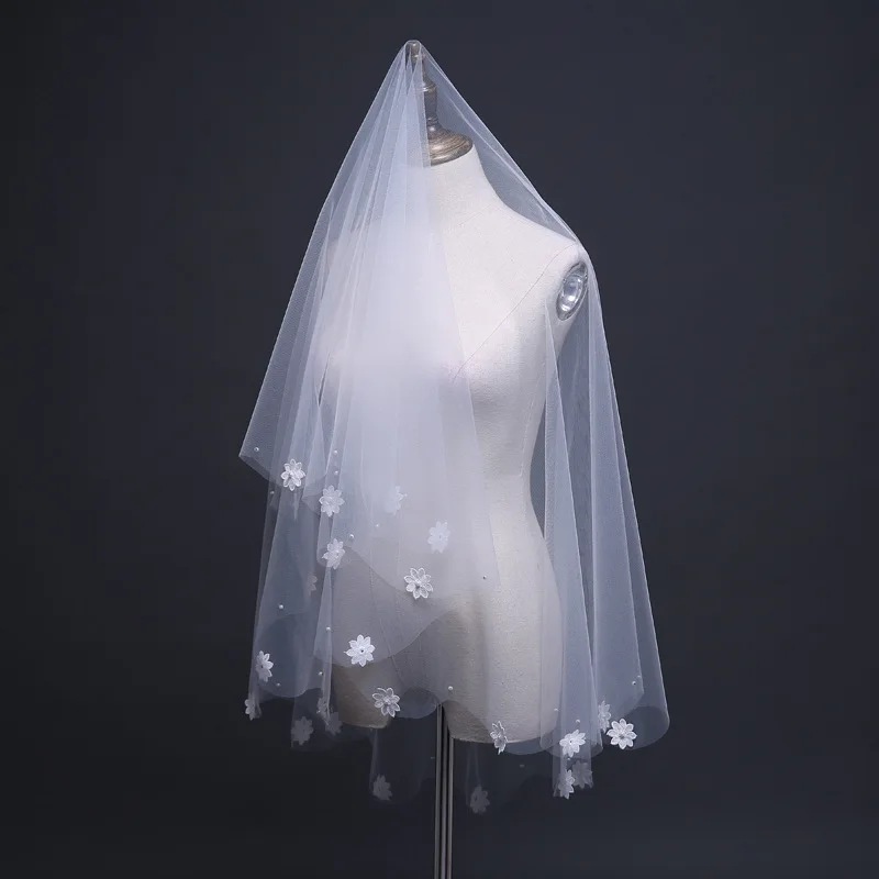 

New Sweet Wedding Veils Single Layer Shoulder Length Veil Fashion Beads Appliques Edge Soft Tulle Bridal Wedding Accessories