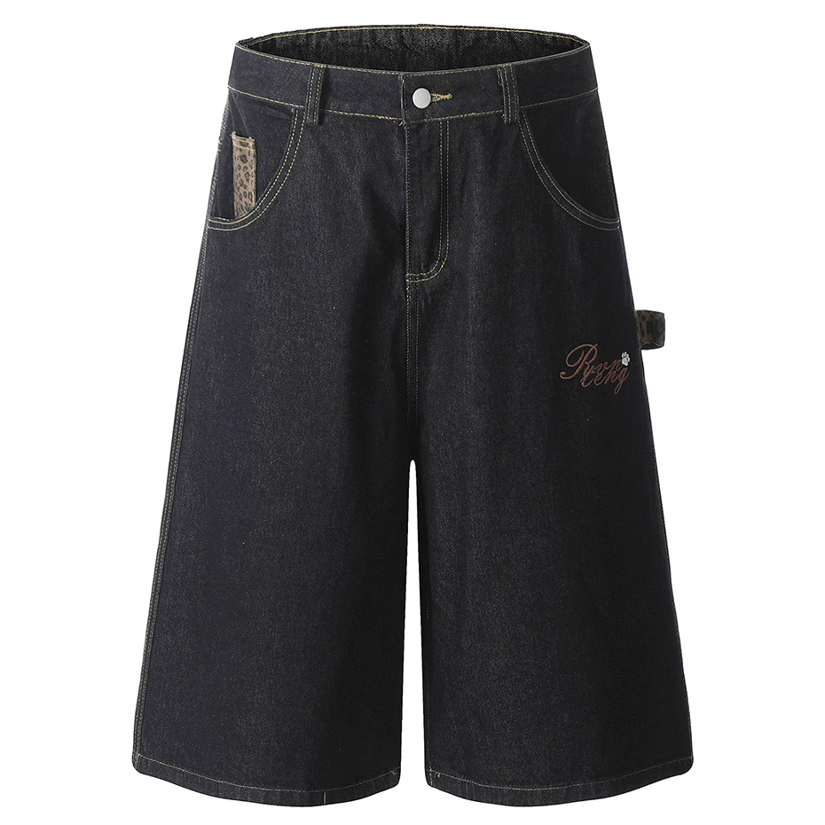 Leopard Patchwork Denim Shorts Summer Loose Casual Blue Jeans Shorts Streetwear Harajuku Hip Hop