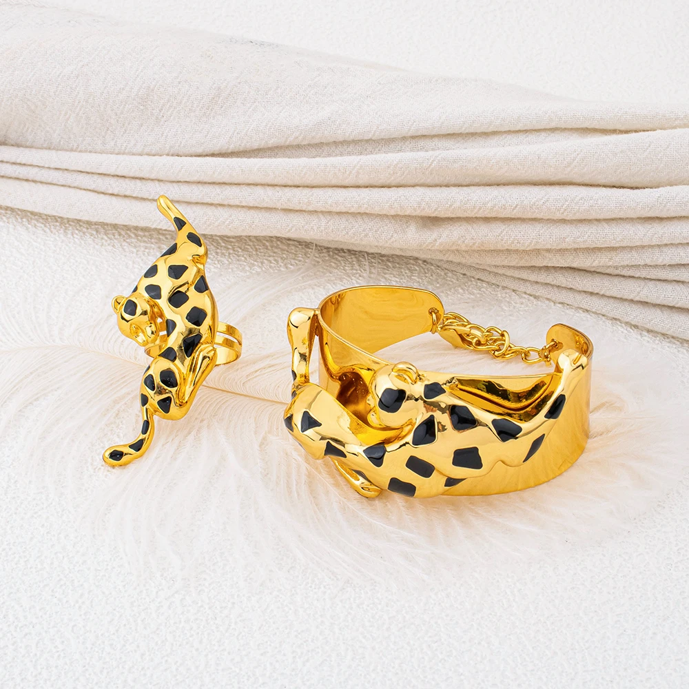 Woman Jewelry Set African Fashion Leopard Necklace Earrings 18K Gold Plated Animal Shape Bracelet Ring Copper Dubai Jewelry Gift 4