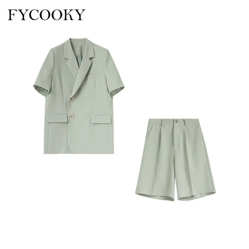 Korean Loose 2 Piece Women Short Set with Blazer Summer 2023 Thin Short-sleeved Blazers + Shorts Casual Office Ladies Suits