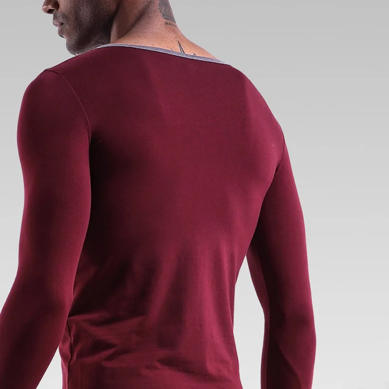Mens Basic Underwear Long Johns Men Comfortable Cotton Slim Long Sleeve Top Large V-Neck Bottoming Shirt Solid Color Men T-Shirt 2