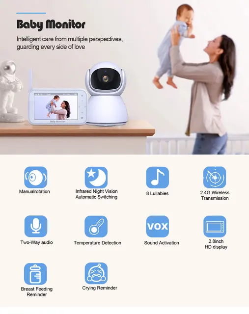 720P Wireless PTZ Baby Monitor Temperature Monitoring 4.5Inch  VOX Feeding Remind Intercom BabySistter Nanny Cam CCTV Camera 3