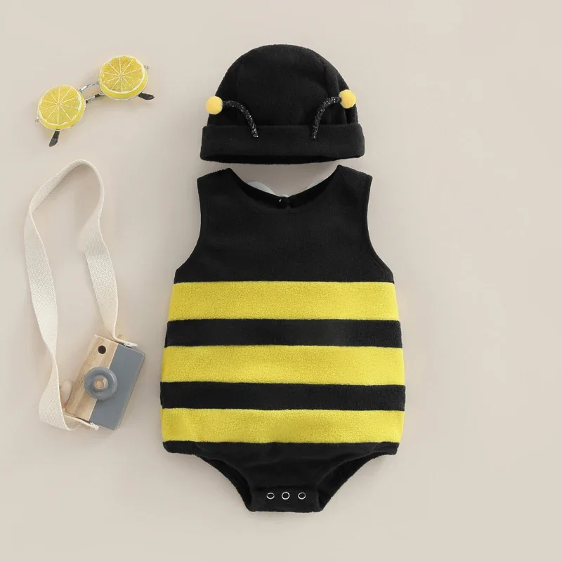 Baby Boys Girls Bee Romper Stripe Sleeveless Back White Wing Decor Jumpsuits Casual Costume Clothes Infant Bodysuits with Hat 2