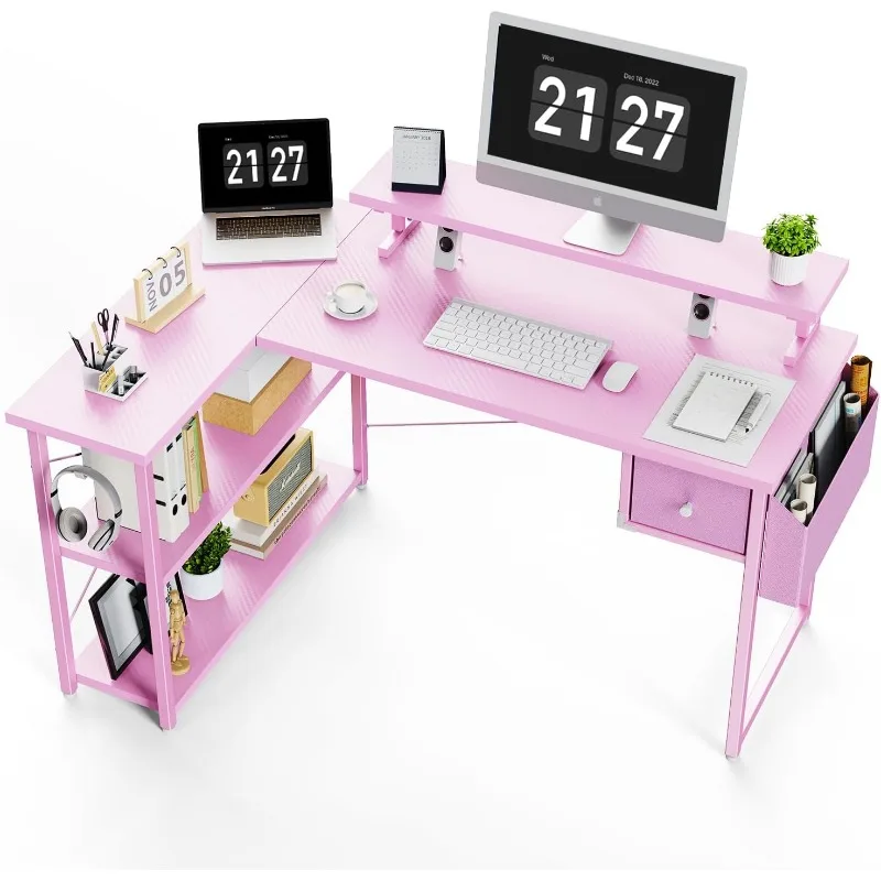 L Shaped Gaming Desk, 47 Inch Computer Desk with Adjustable Stand & RGB Lights, Corner Desk for Power Outlet, Carbon Fibe 4