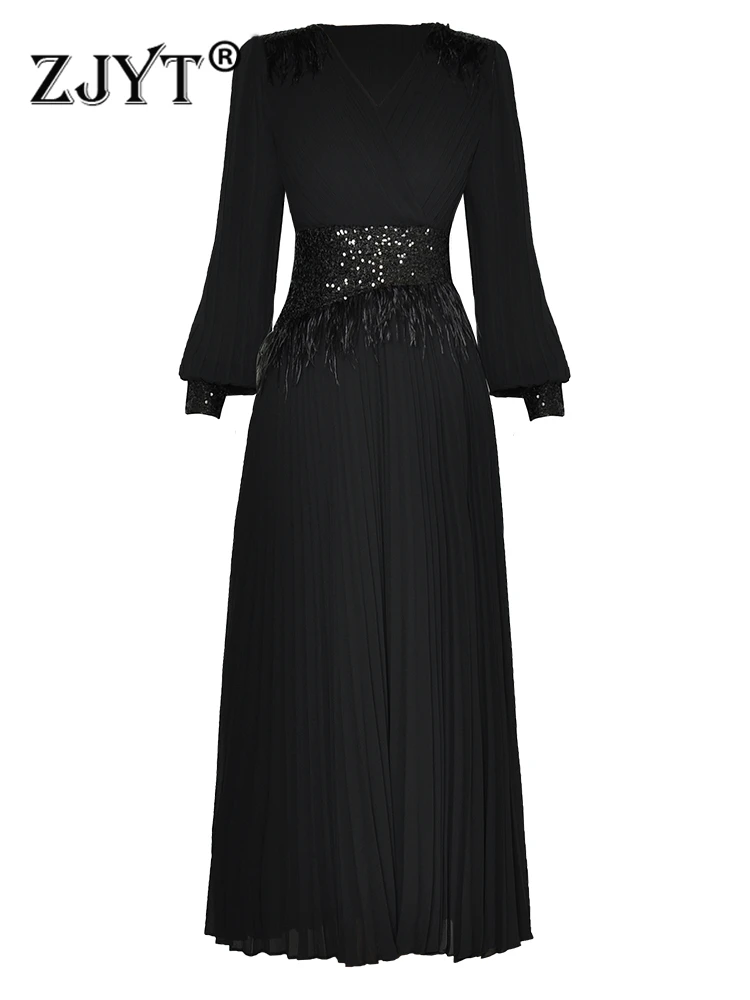 

ZJYT Luxury Sequined Evening Party Long Dresses for Women 2023 Elegant Autumn Vestidos Fiesta V Neck Pleated Black Holiday Robe