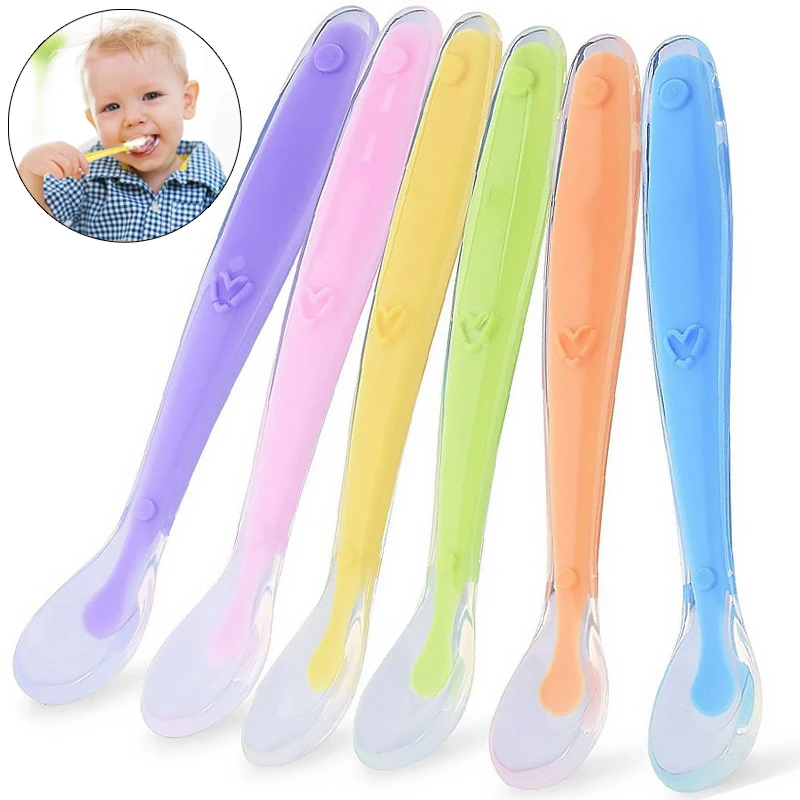 

4/1pcs Baby Soft Silicone Spoon Training Feeding Spoons Temperature Sensing for Children Kids Infants Eating Flatware Cutlery