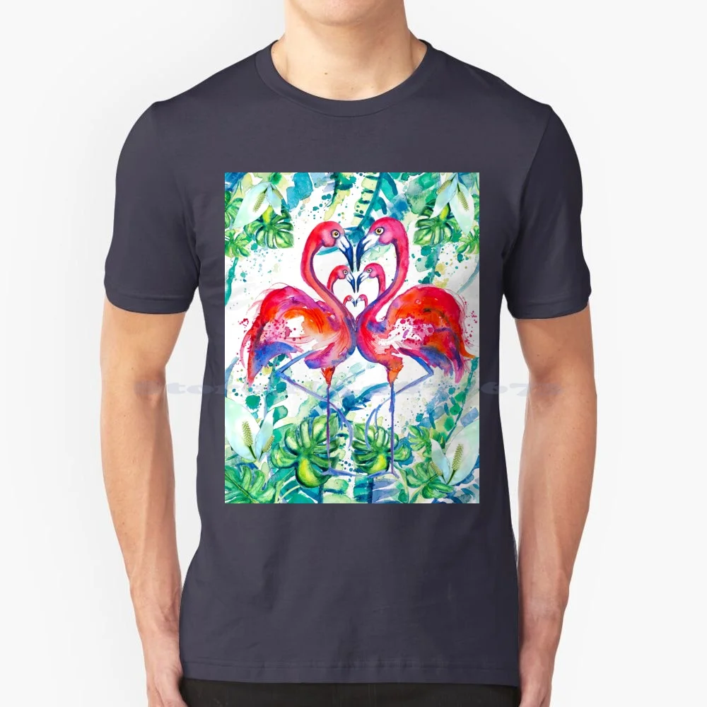 Flamingo Tropicana T Shirt 100% Cotone Tee Flamingo Tropical Birds Flowers Heart Pink Girly Love