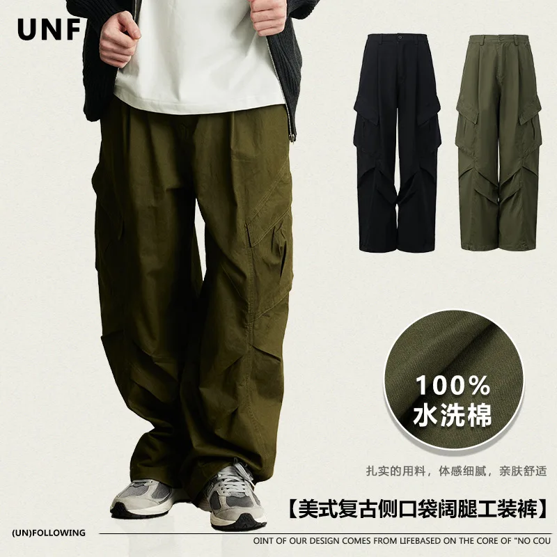 

Autumn Winter American Retro Loose Side Pocket Wide Leg Cargo Pants Casual Straight Pants Men Women