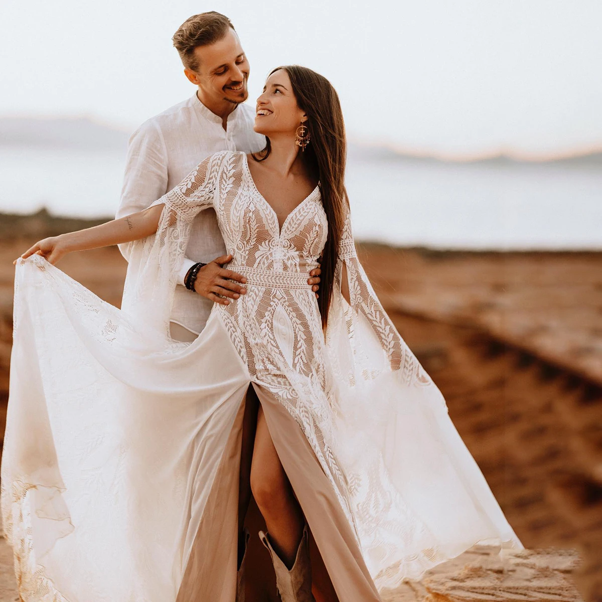 Chiffon Lace Wedding Dress Long Split Bell Sleeves Bridal Gowns Front Leg  Slit | eBay