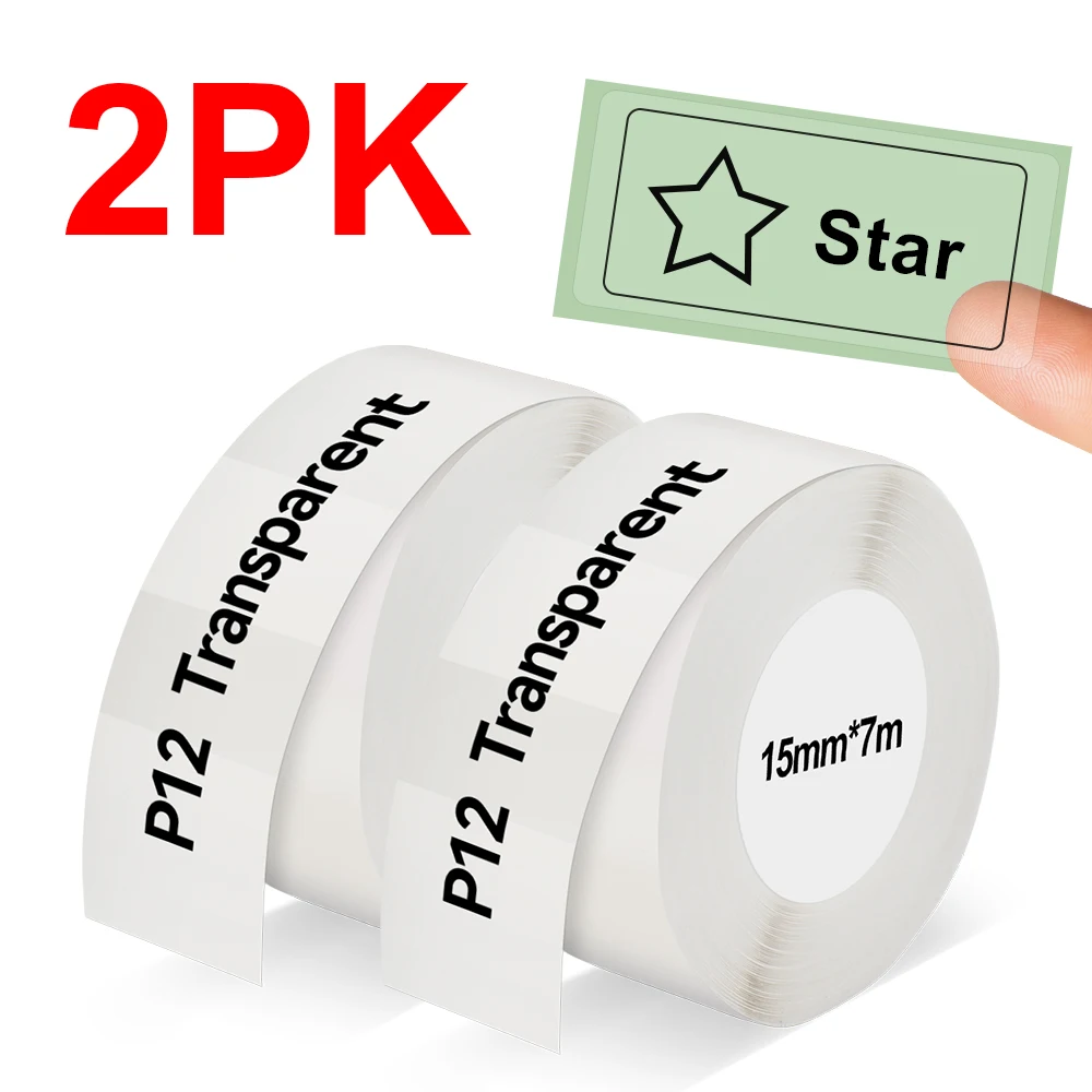 

2PK P12 Transparent White Label Paper 15mmx7m Self-adhesive P12 Continuous Label Tape for P12 P15 Thermal Label Printer Sticker