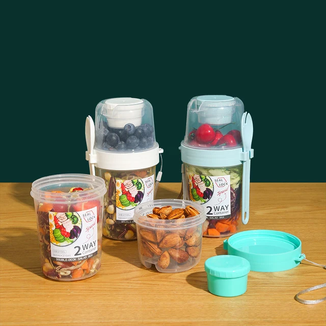 Double Layer Plastic Salad Cup With Spoon Lid, Breakfast Cup With