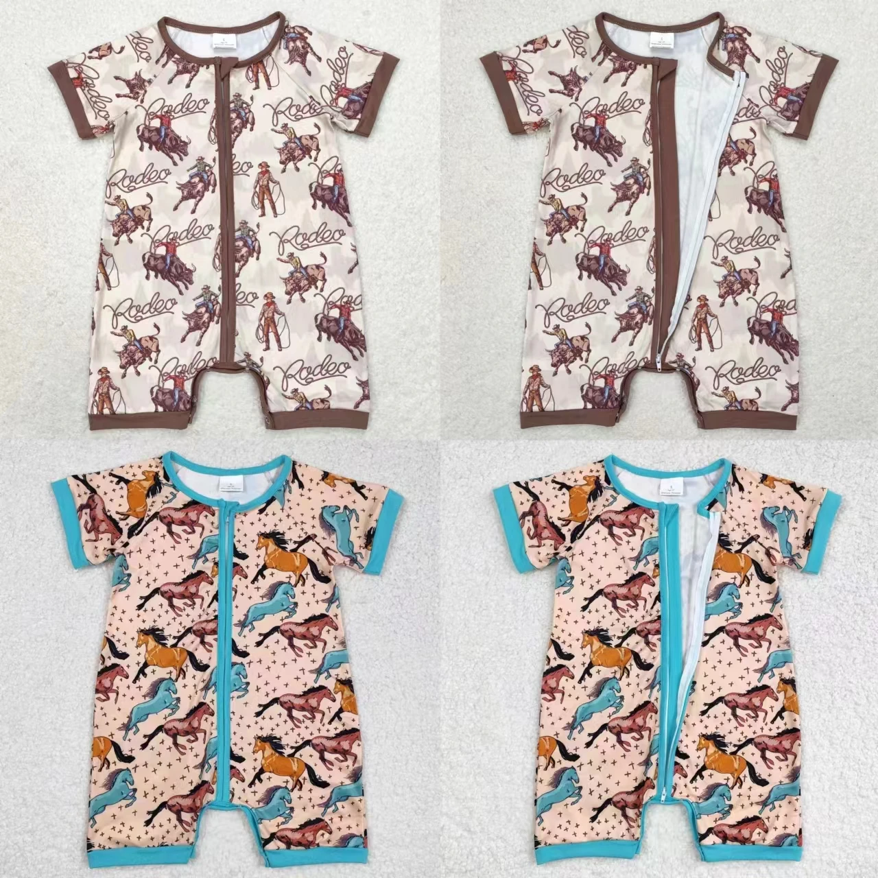

Оптовая продажа, комбинезон для маленьких мальчиков в западном стиле, летняя одежда для новорожденных с короткими рукавами, детская одежда для Родео на молнии с лошадью