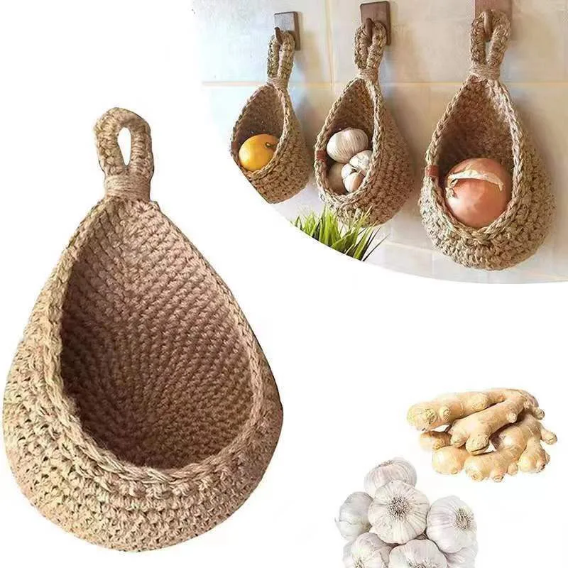 Kitchen Decor and Supplies Jute Hanging Fruit and Vegetable Baskets Rope  Hook Woven Bag Hanging Basket Rope Fruit Basket Pocket Kitchen Storage Bag