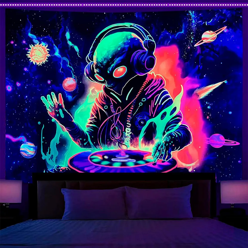 Psychedelischer Alien UV-reaktiver Wandteppich, Hippie-Astronauten-Wandbehang, Wandteppich, Gothic, Zuhause, Schlafzimmer, Hexerei, Meditation, Dekor – Detail 12
