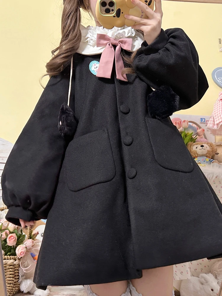 

KIMOKOKM Japanese Preppy Winter Sweet Peter Pan Collar Coat Kawaii Bow Full Sleeve Single-Breasted Loli A-Line Woolen Outerweat