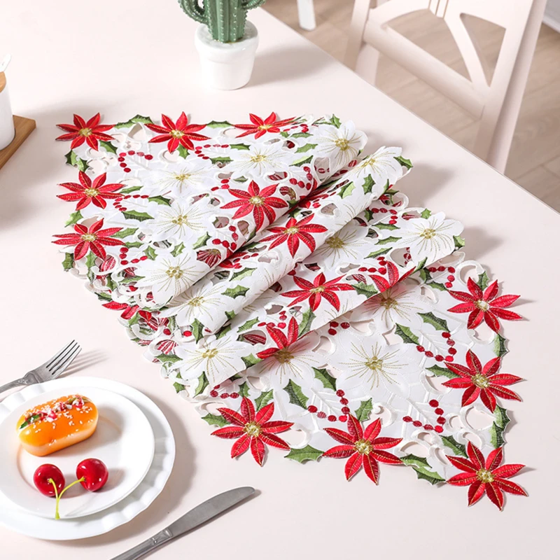 Christmas Decor Tablecloth Printed Embroidered Christmas Table Flag For Home New Year Hollow Table Mat Decoration