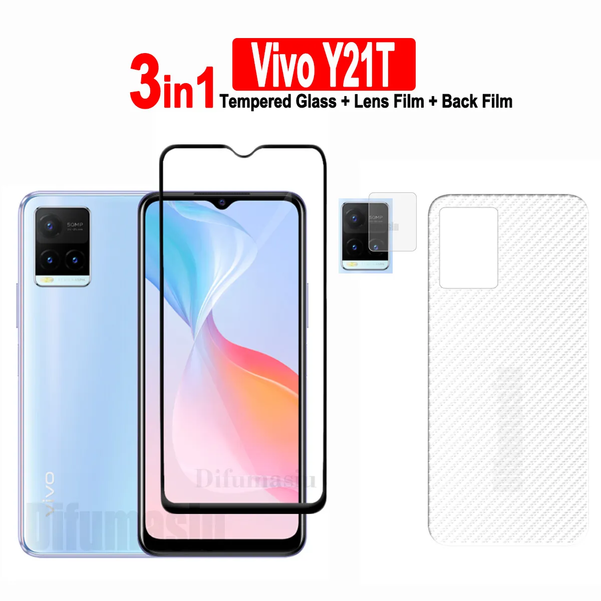 For Vivo Y21T Tempered Glass  Vivo Y21 Y36 Y35 Y33T Y33S Y22S Y20S Y02S Y15A Y15S Y16 Screen Protector  3in1 Soft Lens Back Film