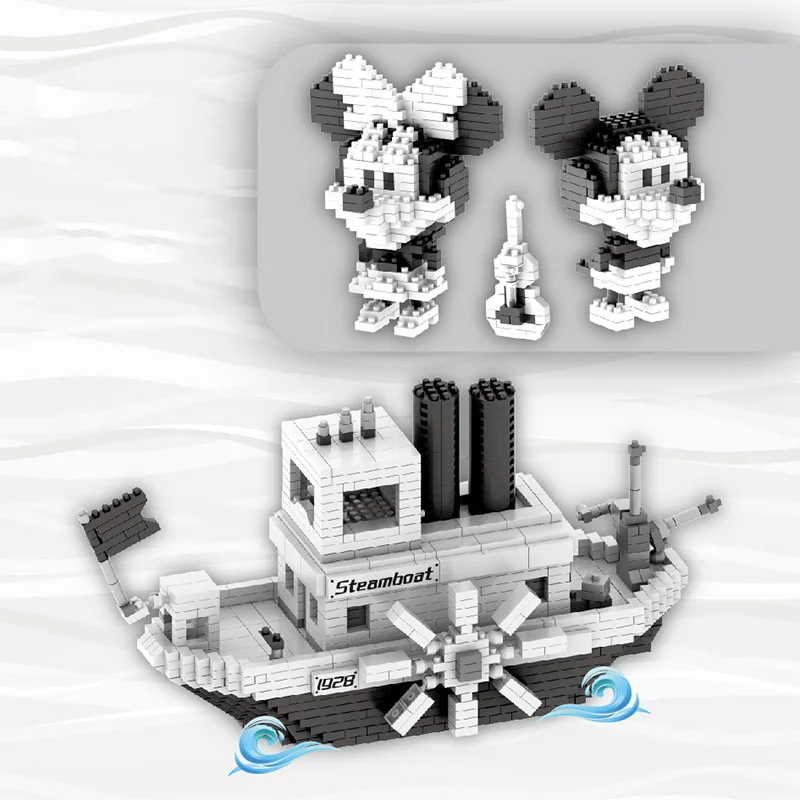 

Disney Steamboat Building Blocks Willie Nanobrick 1928 Cartoon Figures Micro Diamond Bricks Black White Mickey Minnie Mouse Toys