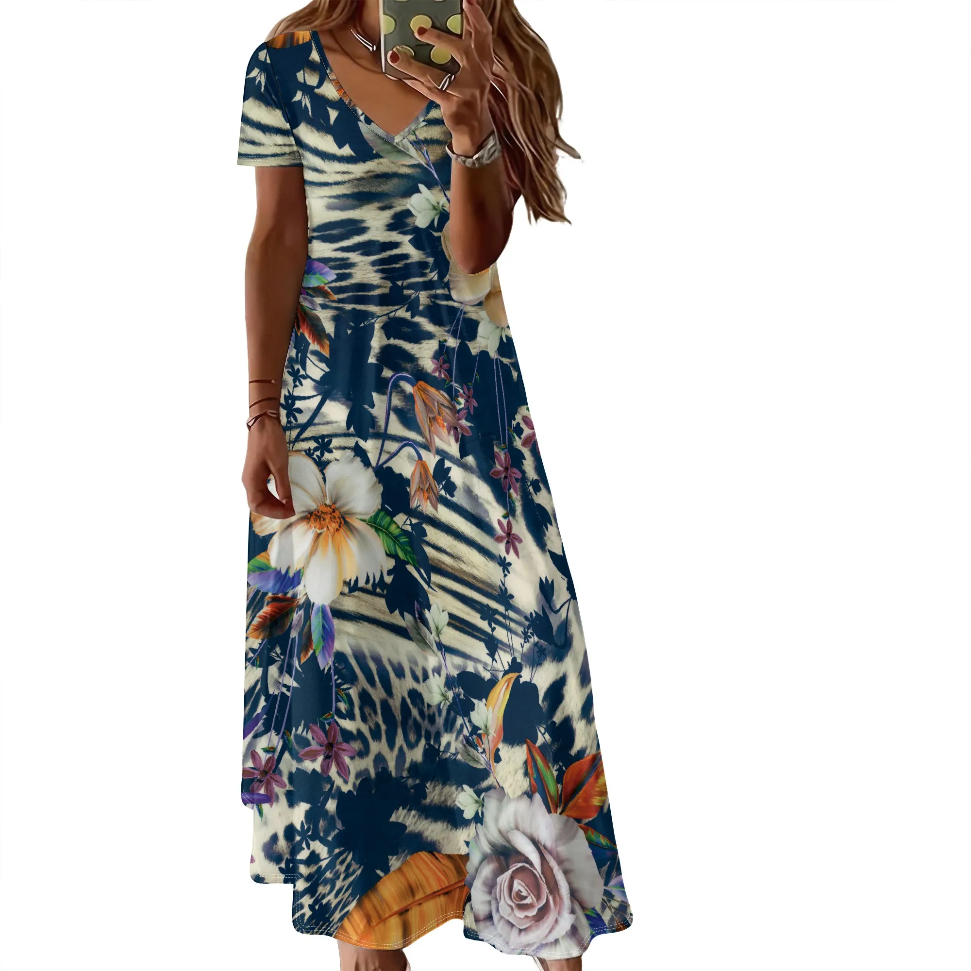 Sommerliches Damenkleid mit Kurzen Ärmeln und V-Ausschnitt, 3D-Modisch Bedrucktes Kleid, Lässiger Urlaubsstil – Detail 1