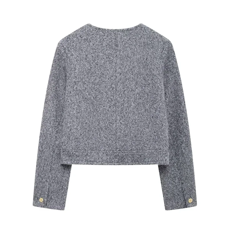 Elegant Woolen Blends Coat For Women O-neck Metal Button Gray Long Sleeve Pockets Jackets Autumn Lady High Street Outwear