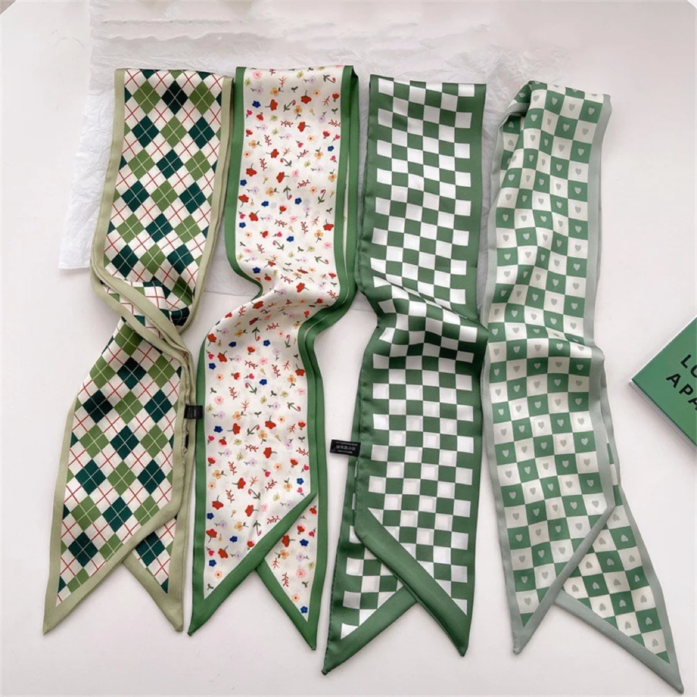 

Модный Зеленый Цветочный шелковый шарф, лента для волос с длинным бантом, корейский цветочный принт, шарф для волос, аксессуары для волос