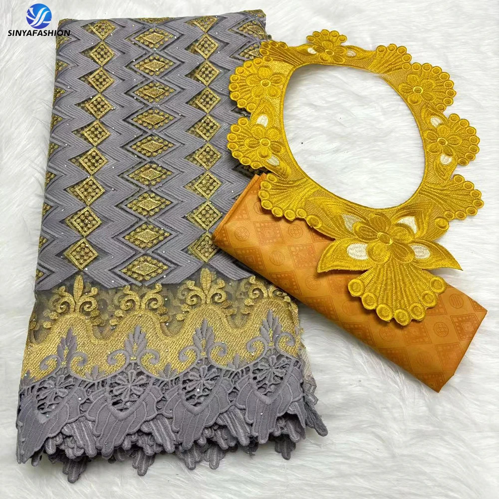 

Sinya African Lace Fabric High Quality 2.5 Yards Embroidery Stones French Lace And 2.5 Yards Bazin Lace With Collar For Women