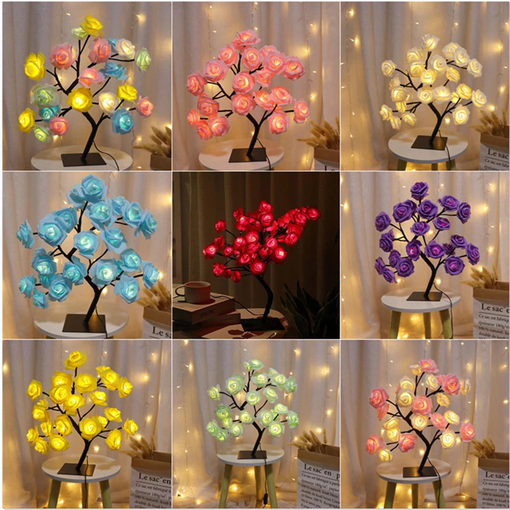 

24 LED Rose Artifical Flower Table Lamp USB Christmas Tree Fairy Lights Night Lights Home Party Wedding Bedroom Decoration Gift