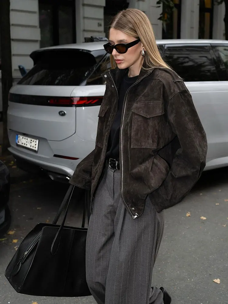 HH Women Fashion Khaki Suede Coat Turtleneck Long Sleeve Zipper Jackets With Pockets 2025 Autumn Vintage High Street Outwear Top