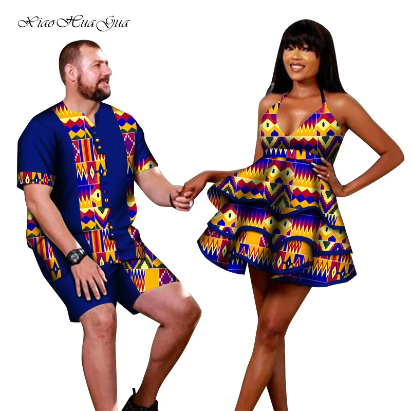 

African Couple Clothes Print Men's Shirt Pants Women Short Dress 2 Pieces Couple Matching African Clothes Set for Party WYQ650