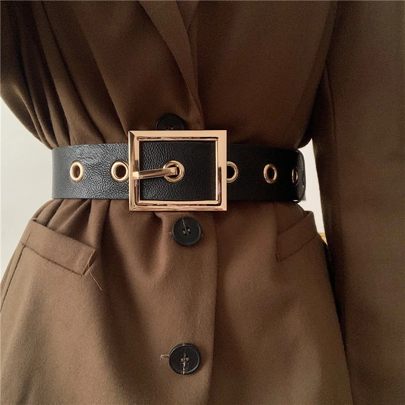 de para mujer, Correa ancha de cuero negro de alta calidad, hebilla aleación de Pin dorado grande, a la moda|belt female|fashion women beltwomen belt - AliExpress